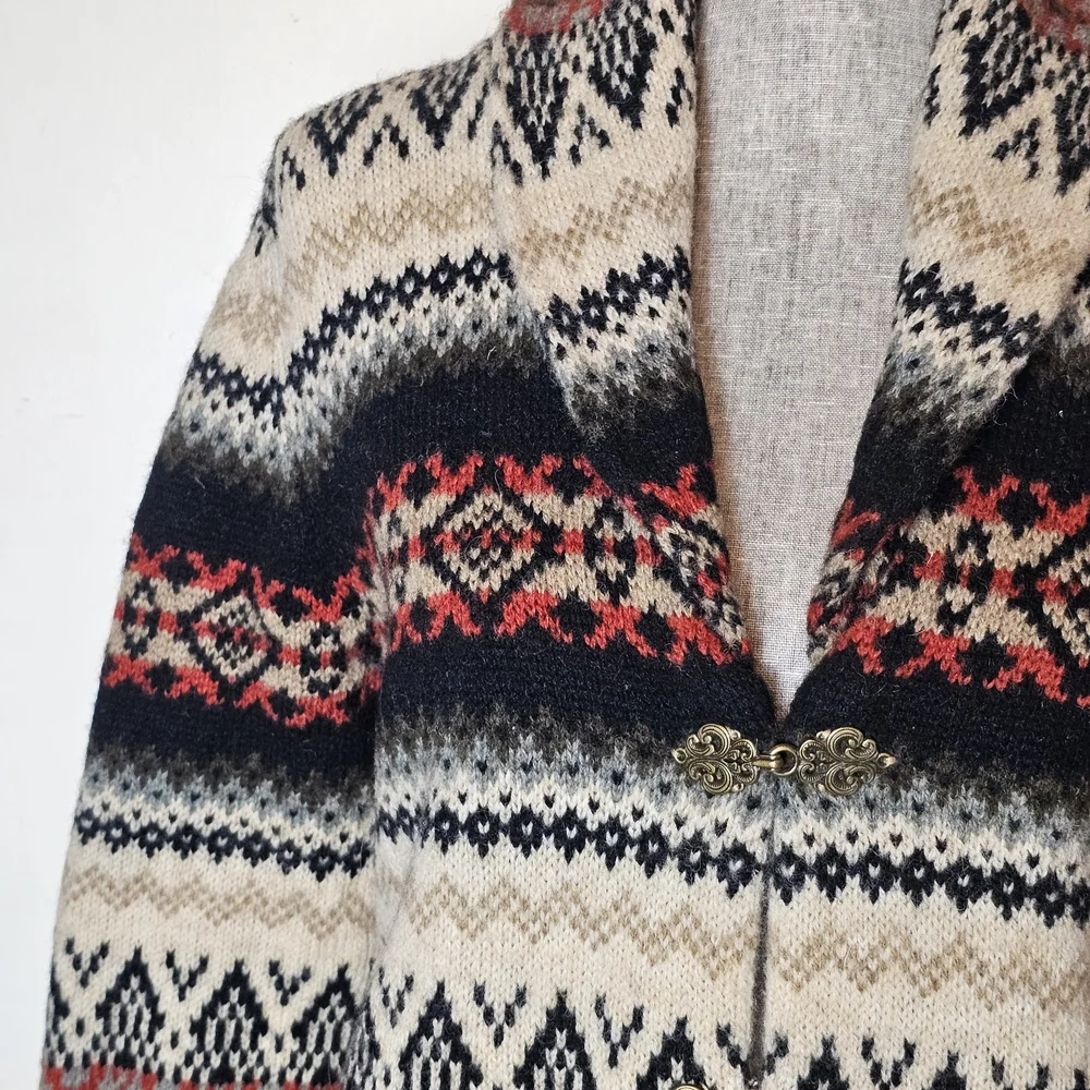Y2K 100% Wool Cardigan Sweater - Women's Size M - Vintage Aztec Fair Isle Nordic